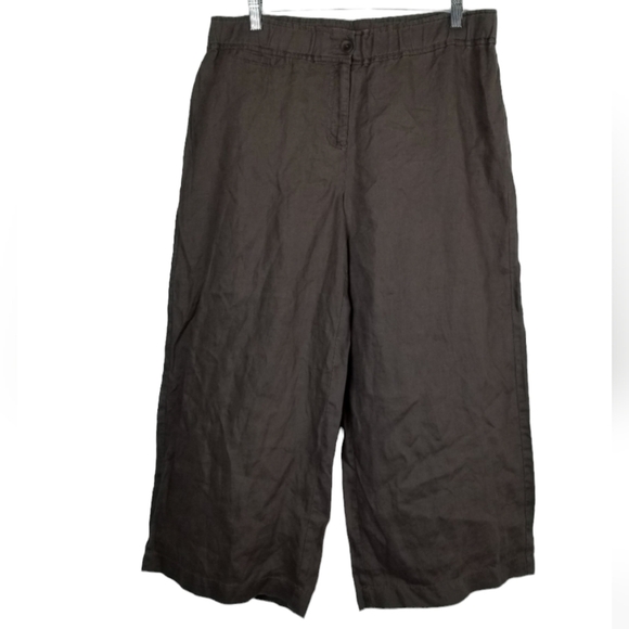 Eileen Fisher Organic Linen Wide Leg Pants Cropped Stretch Waist Brown Medium - Picture 1 of 9